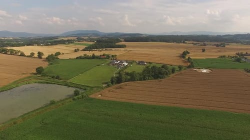 Drone fly ove the lake and fields. High quality footage