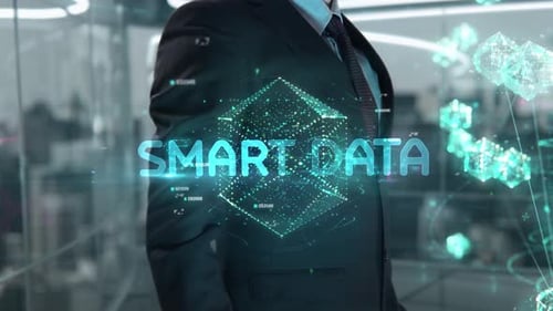Homme d'affaires avec concept d'hologramme de données intelligentes