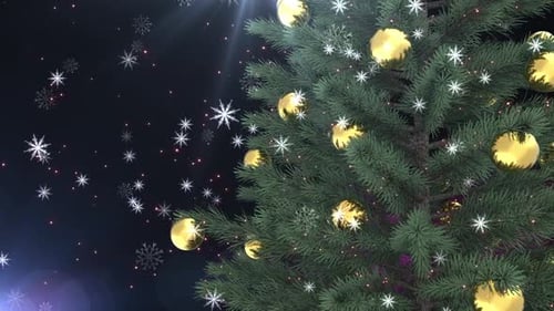 Sparkling Christmas Tree with Falling Snowflakes and Golden Ornaments
