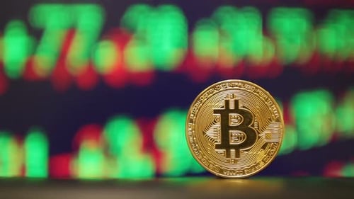 Golden Bitcoin Cryptocurrency Coin on Digital Data Screen