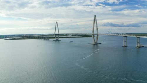 Drone Orbits Left beside Cooper River Bridge in Charleston South Carolina