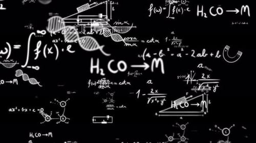 Scientific Formulas, Equations, and Diagrams Animate on a Blackboard