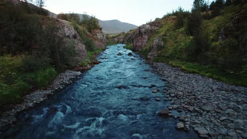 Drone Over River In Canyon Of Akureyri