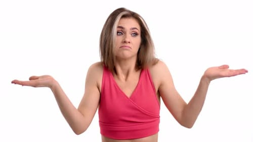 Woman Shrugging with Palms Up Against White Background