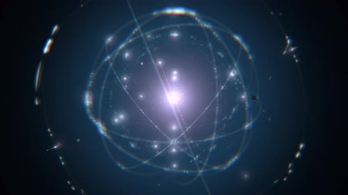 Abstraktes Modell des Atomkerns und der Elektronen auf blauem Hintergrund