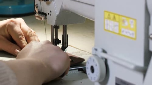 Sewing Machine Stitching Leather Material Close Up