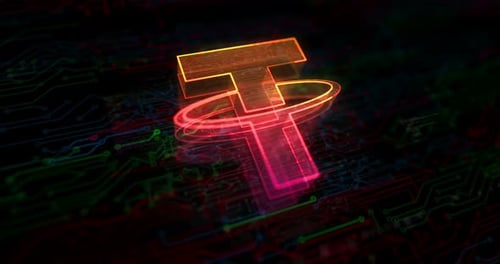 Glowing Tether Crypto Symbol on Digital Circuit Background