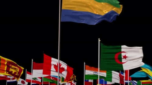 Waving Flags of Diverse Nations on Black Background