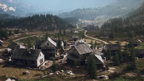 Cinematic Drone View of a Medieval Village in a Mountain Valley