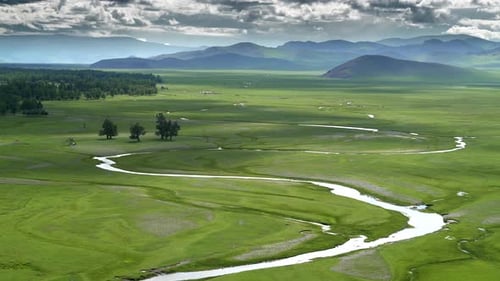 Vast Meadow and River in Central Asia Geography