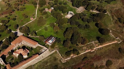 View From Drone of Ancient Ruins Monastery and Beautiful Green Fields