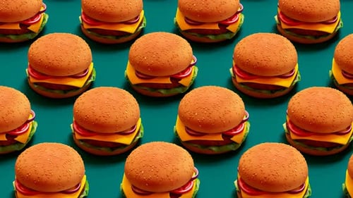 Leckere Cheeseburger in Reihen springen und bewegen sich zusammen in eine Richtung.