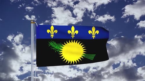 Realistic Waving Guadeloupe Flag Against Cloudy Sky