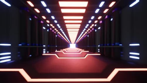 Fliege in einen futuristischen Metallkorridor mit neonfarbenen Laserlinien 4