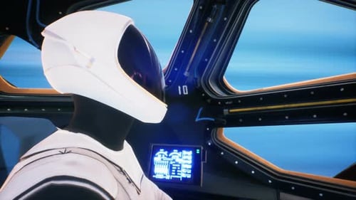 Astronaut Pilot Flying in Futuristic Spacecraft Cockpit Animation