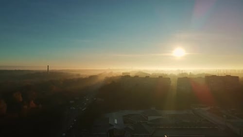 Autumn City Of Rivne Ukraine, Dawn With Fog. Bus Station Area. Aerial Shot