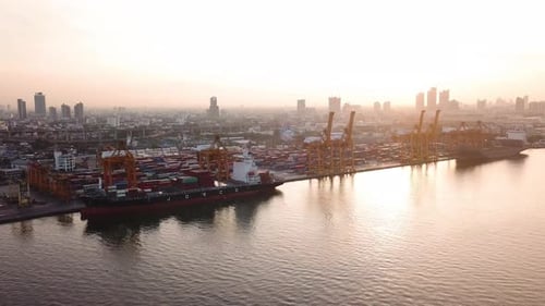 Aerial top view of container cargo ship in the export and import business and logistics