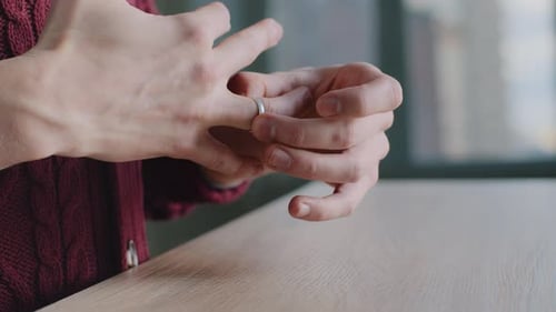 Closeup of Male Hands Cropped Shot Frustrated Divorced Deceived Caucasian Man Husband Takes Off