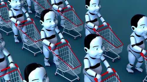 Baby Robots Pushing Shopping Carts Seamless Loop