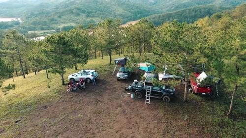 Scenic Campsite Amidst Tall Trees, Aerial View
