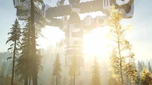 UFO Hovering Over a Forest at Sunset with Light Beam