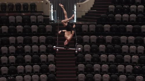 Acrobatic Man Getting Up Upside Down on Performance on High at the Circus Arena