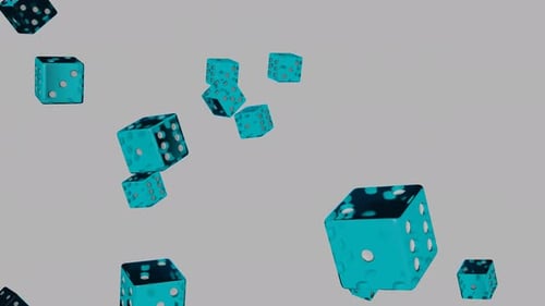 Blaue Würfel fallen auf weißem Hintergrund.