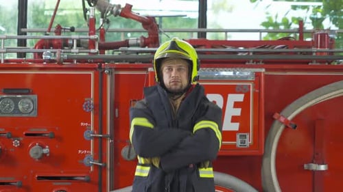 Firefighter Standing in Front of a Firetruck