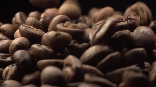 Close Up of Falling Roasted Coffee Beans