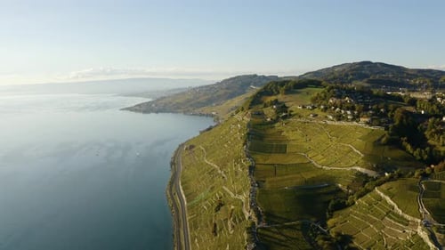 High flight above Lavaux revealing steep vineyard with autumn colors at sunset
Switzerland