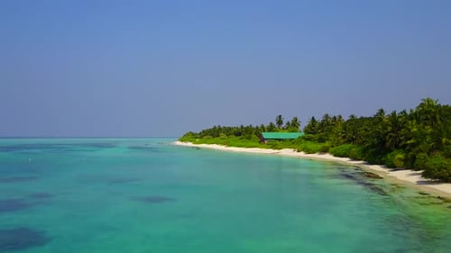 Aerial drone panorama of tropical island beach break by sea and sand background