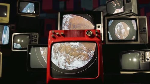 Many Retro Televisions Displaying Rotating Planet