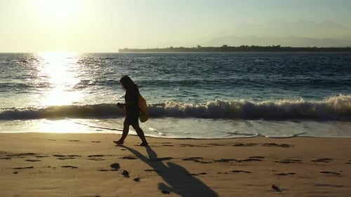 silhouette of the young woman walking barefoot along the sandy tropical beach. direct sunlight, unre