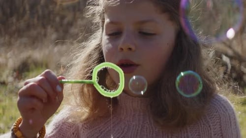 Young Girl Blowing Bubbles In Sunlit Field