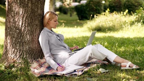 Student Girl Outdoor, Caucasian Woman Sitting in Park on the Green Grass with Notebook and