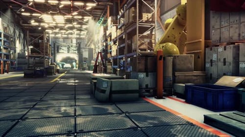 Huge Distribution Warehouse with Boxes on High Shelves