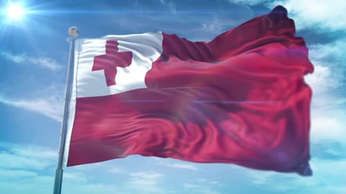 Realistic Tonga Flag Waving Against Blue Sky