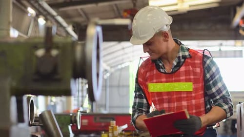 Engineer foreman writing on repair checklist inspecting on machine in the factory