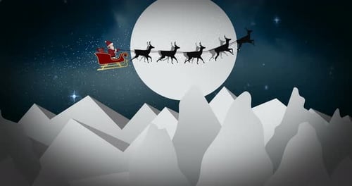 Santa's Sleigh Flying Over Mountains Under the Moon