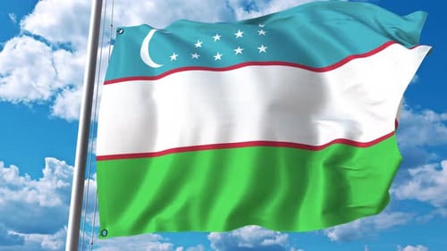 Realistic 3D Uzbekistan Flag Waving in Wind Against Blue Sky