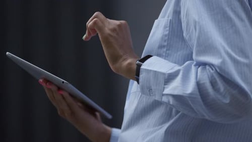 Female Hands Touching Pad Screen Outdoors Closeup