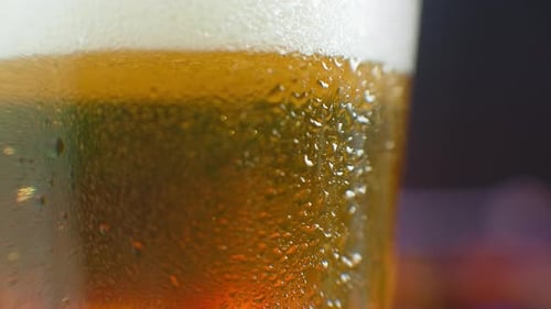 Makroaufnahme eines Bierglases mit kaltem Bier, Blasen steigen im Glas auf. Zeitlupen-Bierblasen.