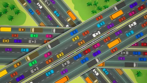 Luftaufnahme der Autobahn mit dem sich schnell bewegenden Verkehr von Stoßstange zu Stoßstange.