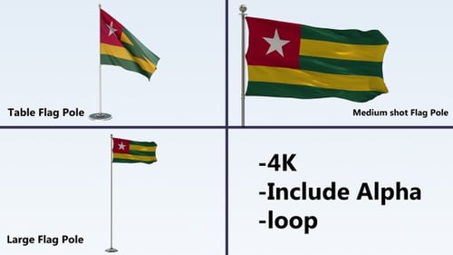 Animated Togo Flag Waving on Different Poles with Alpha Channel