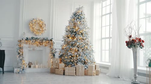 Elegant Christmas Tree and Decorations in White Room