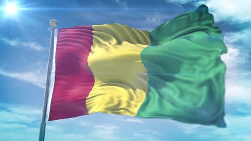 Animated Guinea National Flag Waving in Blue Sky