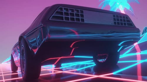 Retro Futuristic Car Driving on Neon Grid Road Loop