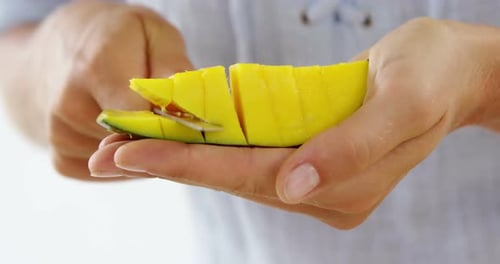 Close Up Hands Cutting Yellow Mango