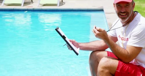 Lifeguard sitting at pool side holding clipboard and stop watch