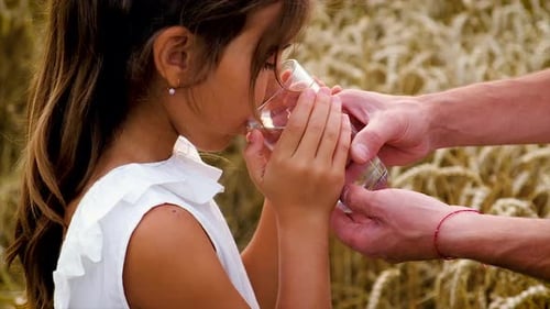Girl Drinks Refreshing Water in Wheat Field